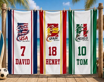 Personalized Soccer Team Beach Towel, Custom Name & Number Towel, Soccer Fan Gift, Football World Game Beach Towel, Any Country Towel