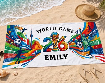Custom World Game Soccer Beach Towel, Personalized Name Swimming Towel, Soccer Fan Gift, Football Tournament Beach Towel, Pool Towel
