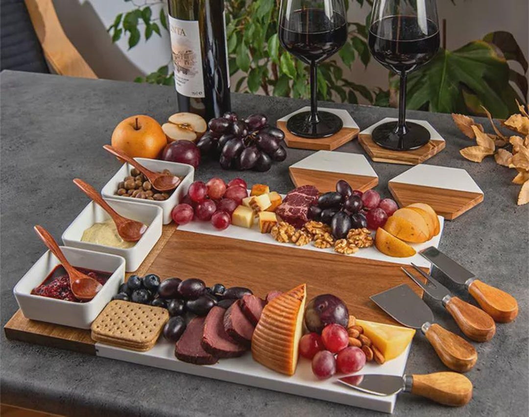 Personalized Marble Acacia Wood Charcuterie Board Set With Ceramic ...