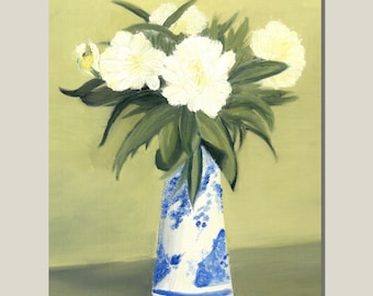 White Flowers Blue Vase Print | Vintage Floral Cottagecore Botanical Art (Giclée)