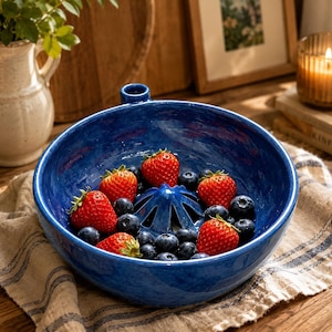 Handmade Ceramic Fruit Washing Bowl, Vortex Berry Washer Colander with Water Inlet, Produce Rinse Bowl, Kitchen Gift