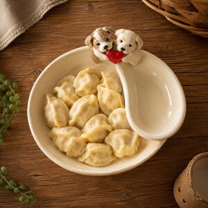 Bol personalizado para patatas fritas y salsa con diseño de cachorros, plato de cerámica hecho a mano para servir aperitivos.