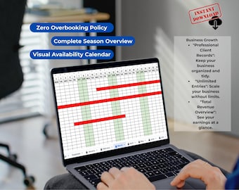 Op de afbeelding: Een laptop toont een visuele beschikbaarheidskalender met rode balken en groene cellen. Tekst op het scherm bevat "Zero Overbooking Policy", "Complete Season Overview" en "Visual Availability Calendar". Extra tekst somt functies voor bedrijfsgroei op.