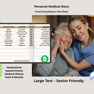 May include: A digital tablet displaying a medical diary with entries for doctor appointments, tests, and reminders. The image includes the text "Personal Medical Diary" and "Track Everything in One Place." The image also shows an elderly woman and a younger woman.