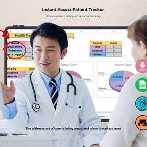May include: A doctor in a white coat and stethoscope reviews a patient tracker on a computer screen with a patient. The screen displays patient data, including medications and treatments. Text reads "Instant Access Patient Tracker."