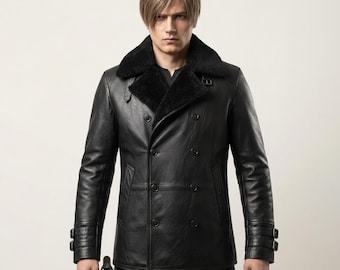 Resident Evil Requiem Leon Kennedy Cosplay Jacket, Black Leather Fur Collar RE9 Gaming Outfit