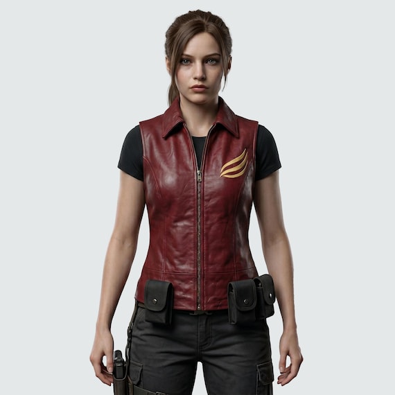 RE2 Claire Redfield Let Me Live Vest, Resident Evil Inspired Maroon Leather Vest Women