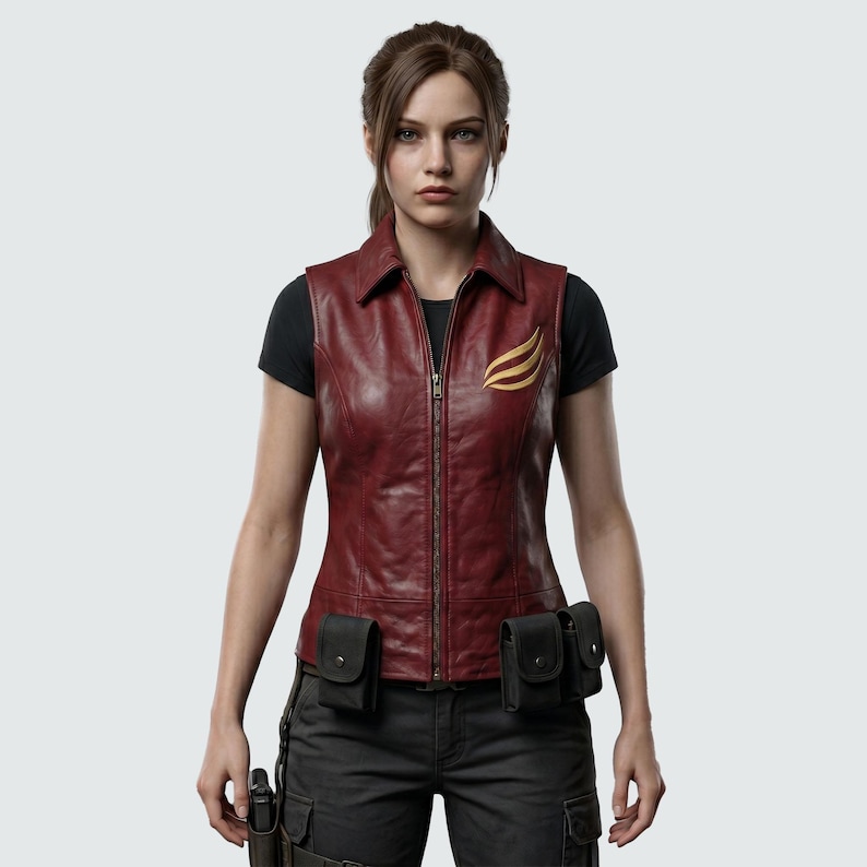 May include: A burgundy leather vest with a gold and yellow emblem on the chest. The vest has a zipper closure and is worn over a black t-shirt. The person is also wearing black cargo pants and a utility belt with pouches.