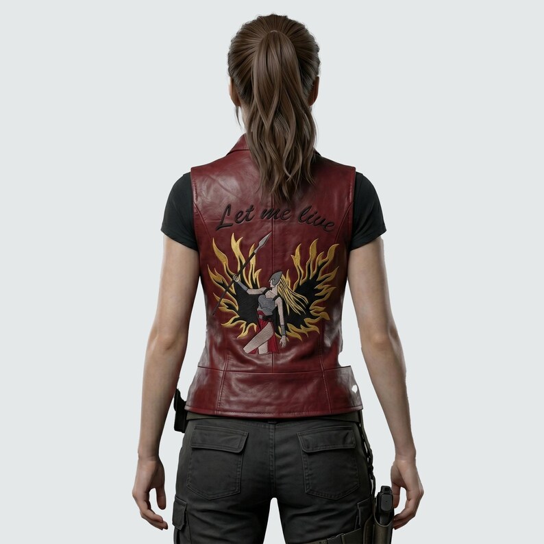 May include: A burgundy leather vest with a detailed embroidered design on the back. The design features a warrior figure with a sword, surrounded by flames, and the text "Let me live".