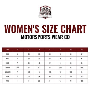 May include: A size chart for women's apparel from Motorsports Wear Co. The chart includes measurements for chest, waist, hips, length, shoulder, sleeve, and wrist in inches, ranging from XS to 3XL.