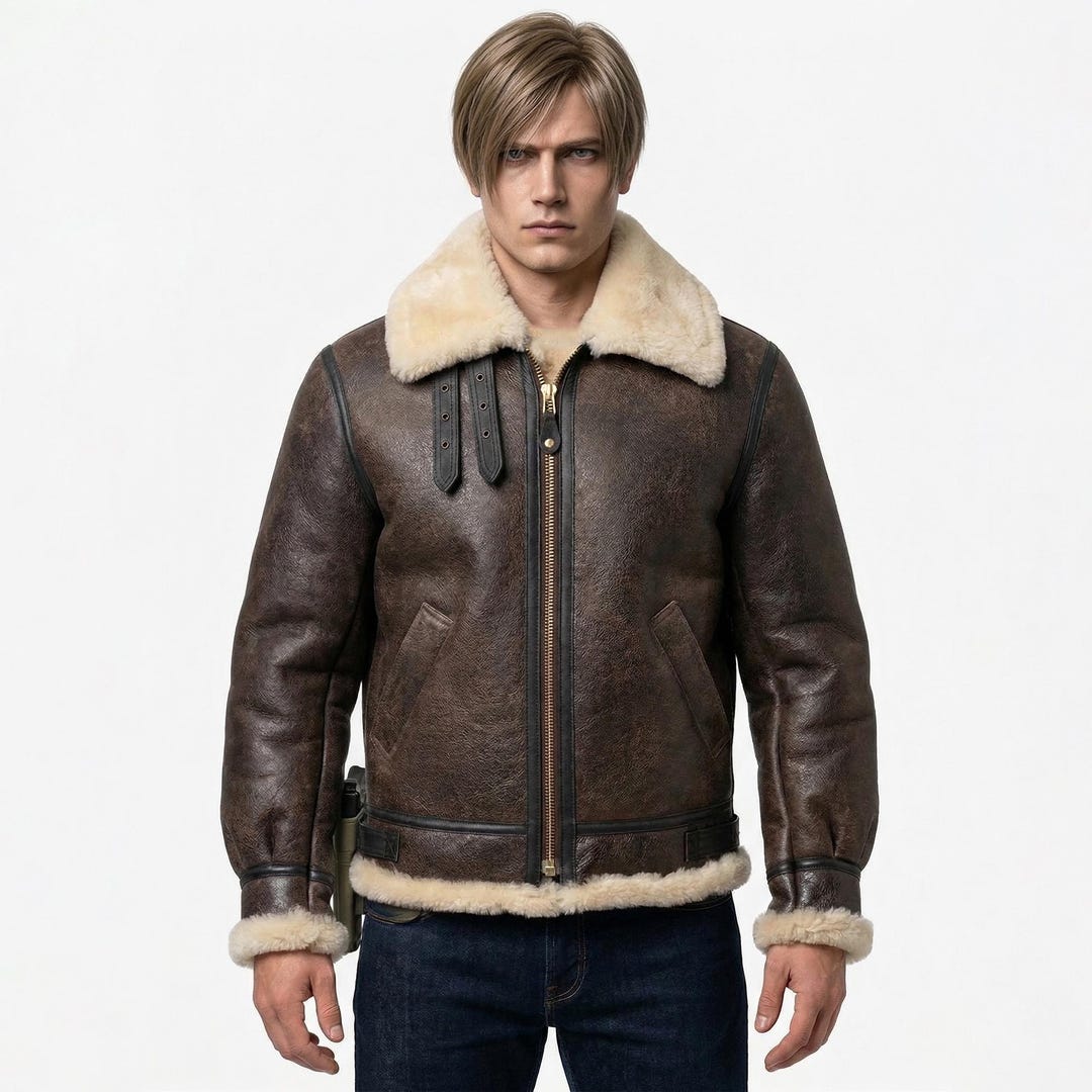 Leon Kennedy Resident Evil 4 Cosplay Jacket, Brown Leather Fur