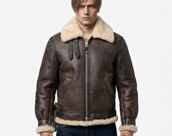 Leon Kennedy Resident Evil 4 Cosplay Jacket, Brown Leather Fur Collar RE4 Gaming Outfit