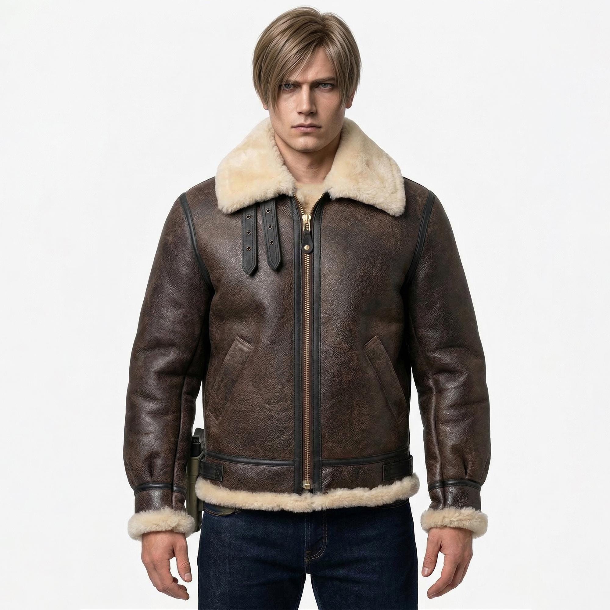 Leon Kennedy Resident Evil 4 Cosplay Jacket, Brown Leather Fur