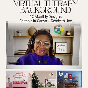 Op de afbeelding: Een advertentie voor virtuele therapie-achtergronden. De afbeelding toont een vrouw in een videogesprek, met tekst die over de afbeelding staat: "Virtual Therapy Background" en "12 Monthly Designs, Editable in Canva + Ready to Use."