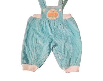 Vtg Newborn up to 14lbs Aqua unisex Corduroy Overalls w Yum Burger Logo Snaps
