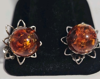 Vtg Amber ball Clip On Earrings Silvertone Round Unsigned Glow under Blacklight