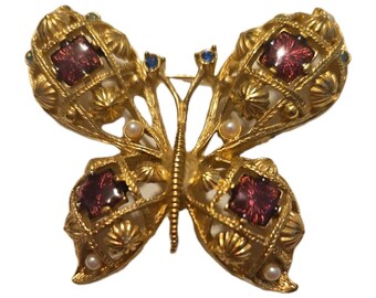 Stor 10 cm Avon vintage fjärilsbrosch med rött glas/strassten/konstpärla