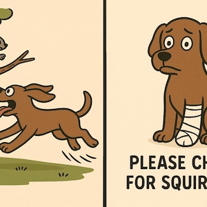 May include: A two-panel cartoon illustration. The left panel shows a brown dog chasing a squirrel up a tree. The right panel shows a brown dog with a bandaged leg, with the text "PLEASE CHECK FOR SQUIRRELS".