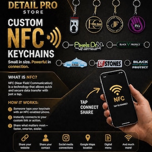 May include: A collection of custom NFC keychains in various shapes and colors, including circular, rectangular, and car-shaped designs. Each keychain features unique branding and logos, displayed alongside a smartphone showing an NFC connection icon.