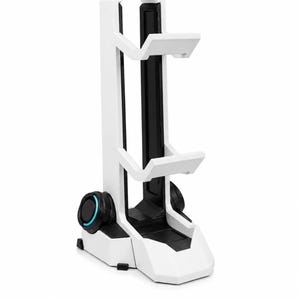 May include: A white and black vertical storage stand featuring two horizontal cradles for holding items. The base includes circular side accents with thin blue light rings. The structure has a tall, angular frame with a central black column.