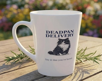 Deadpan Delivery Cat Latte Mug | "Say it like you're bored" humorous cat design