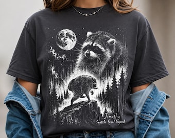 Jimothy Raccoon T-Shirt, Seattle Feral Legend Moon Forest Graphic Tee