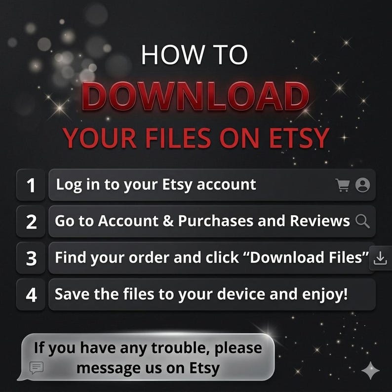 May include: A graphic with instructions on how to download files on Etsy. The title reads "HOW TO DOWNLOAD YOUR FILES ON ETSY." Steps include logging in, going to purchases, finding the order, and saving the files. A message bubble says, "If you have any trouble, please message us on Etsy."