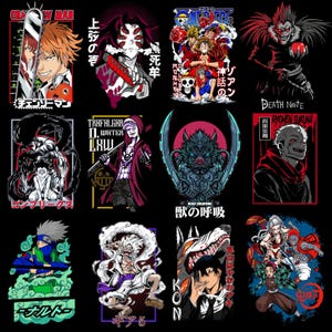 Puede incluir: Una colecci&oacute;n de dise&ntilde;os gr&aacute;ficos de estilo anime sobre un fondo negro. Los dise&ntilde;os presentan varios personajes con colores llamativos y poses din&aacute;micas. El texto en japon&eacute;s e ingl&eacute;s acompa&ntilde;a las ilustraciones, creando una exhibici&oacute;n visualmente impactante.