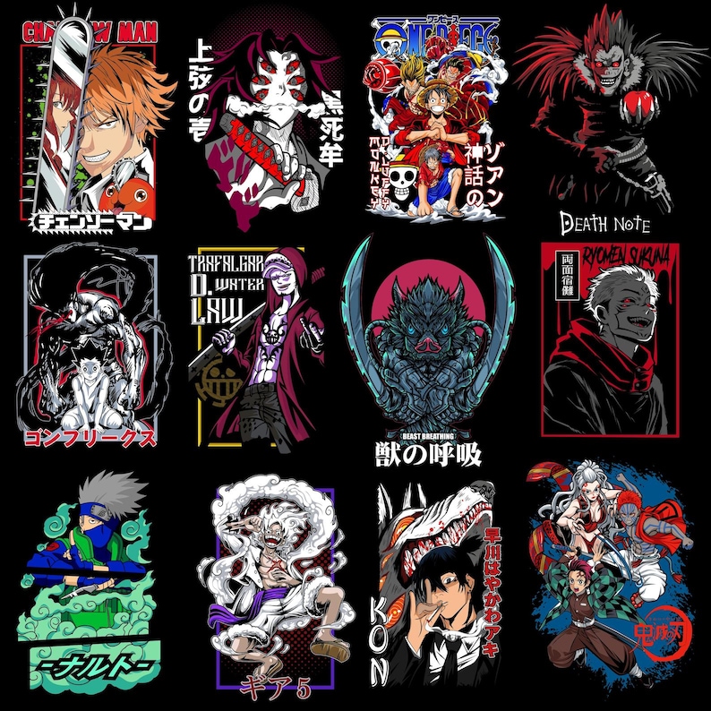 Puede incluir: Una colecci&oacute;n de dise&ntilde;os gr&aacute;ficos de estilo anime sobre un fondo negro. Los dise&ntilde;os presentan varios personajes con colores llamativos y poses din&aacute;micas. El texto en japon&eacute;s e ingl&eacute;s acompa&ntilde;a las ilustraciones, creando una exhibici&oacute;n visualmente impactante.