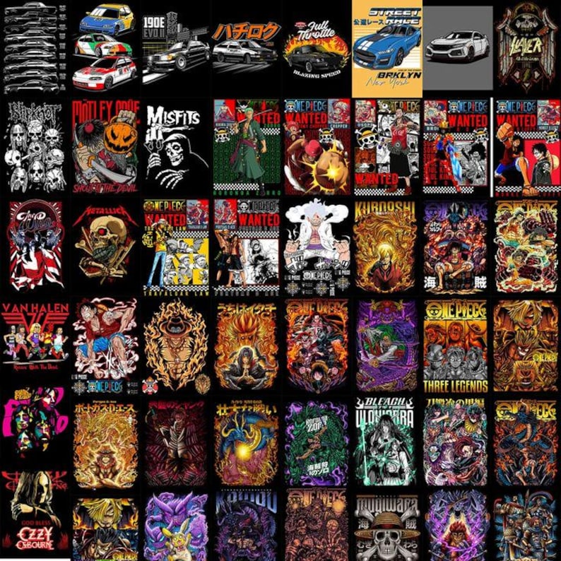 May include: A collection of graphic t-shirts featuring various designs. The shirts showcase images of cars, anime characters, and band logos, including "Misfits," "Metallica," and "Van Halen." The shirts are primarily black, with vibrant colors in the graphics.