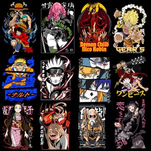Puede incluir: Colecci&oacute;n de dise&ntilde;os gr&aacute;ficos con tem&aacute;tica de anime sobre un fondo negro. Los dise&ntilde;os presentan personajes de series de anime populares, con colores vibrantes y contornos audaces. Los elementos de texto incluyen nombres de personajes y t&iacute;tulos de series.