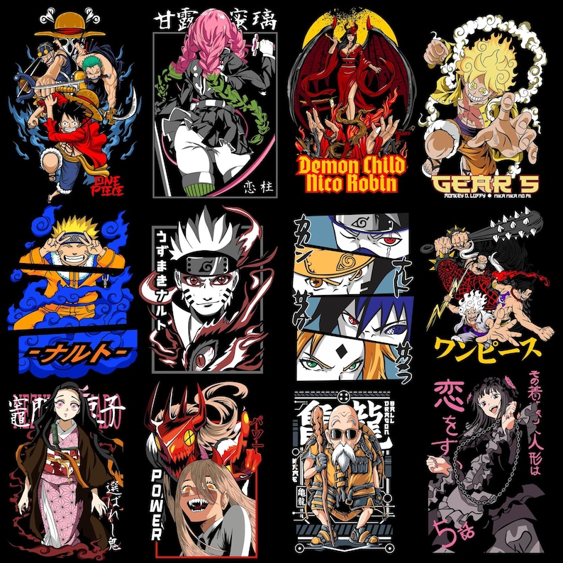 Puede incluir: Colecci&oacute;n de dise&ntilde;os gr&aacute;ficos con tem&aacute;tica de anime sobre un fondo negro. Los dise&ntilde;os presentan personajes de series de anime populares, con colores vibrantes y contornos audaces. Los elementos de texto incluyen nombres de personajes y t&iacute;tulos de series.