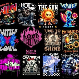May include: A collection of graphic designs on a black background. Designs include a skeleton, a sun lifting weights, a butterfly, a heart with flames, a skull with beer, and text such as "BORN TO WIN" and "LOVE IS FEELING".