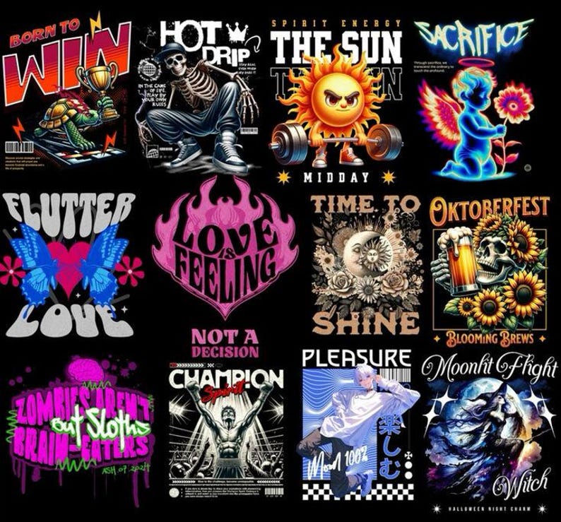 May include: A collection of graphic designs on a black background. Designs include a skeleton, a sun lifting weights, a butterfly, a heart with flames, a skull with beer, and text such as "BORN TO WIN" and "LOVE IS FEELING".