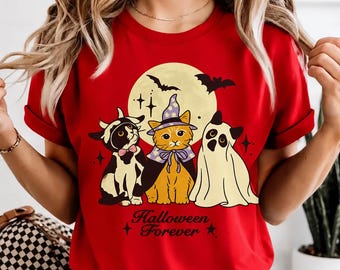 Halloween Cat Shirt, Witchy Kitty Ghost Tee, Spooky Moon Graphic T-Shirt