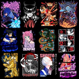 Puede incluir: Colecci&oacute;n de dise&ntilde;os gr&aacute;ficos con tem&aacute;tica de anime sobre un fondo negro. Los dise&ntilde;os presentan personajes de varias series de anime, incluyendo Naruto, Dragon Ball, y otros. Cada dise&ntilde;o es una ilustraci&oacute;n &uacute;nica con colores vibrantes y arte detallado.