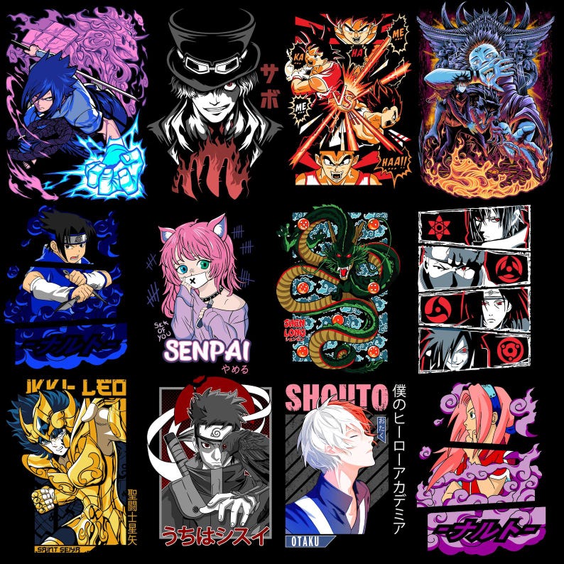 Puede incluir: Colecci&oacute;n de dise&ntilde;os gr&aacute;ficos con tem&aacute;tica de anime sobre un fondo negro. Los dise&ntilde;os presentan personajes de varias series de anime, incluyendo Naruto, Dragon Ball, y otros. Cada dise&ntilde;o es una ilustraci&oacute;n &uacute;nica con colores vibrantes y arte detallado.