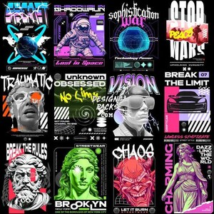 May include: A collection of graphic designs on a black background. The designs feature various themes, including space, war, and abstract art. Each design incorporates bold typography and vibrant colors, creating a visually striking aesthetic. The designs include the words "SHADOWRUN", "BROOKLYN", and "CHAOS".