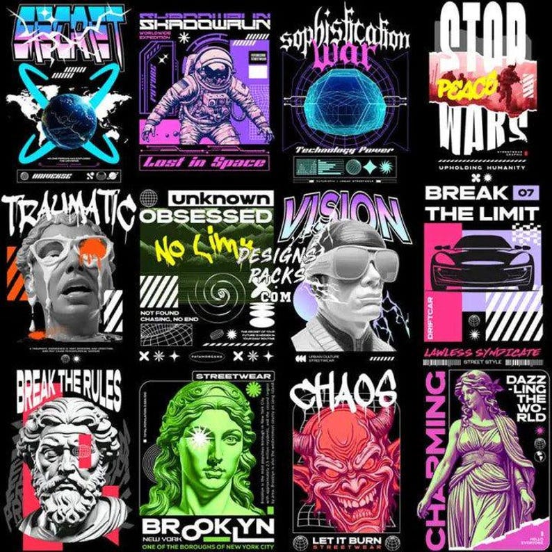 May include: A collection of graphic designs on a black background. The designs feature various themes, including space, war, and abstract art. Each design incorporates bold typography and vibrant colors, creating a visually striking aesthetic. The designs include the words "SHADOWRUN", "BROOKLYN", and "CHAOS".