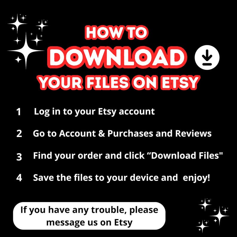 Puede incluir: Gr&aacute;fico negro con texto blanco que explica c&oacute;mo descargar archivos en Etsy. El texto rojo dice "HOW TO DOWNLOAD YOUR FILES ON ETSY". Las instrucciones incluyen iniciar sesi&oacute;n, encontrar el pedido y descargar archivos.