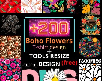 Boho Floral SVG PNG Bundle, Retro Floral T-shirt Designs, Sublimation Graphics for Shirts, Flower Quotes Clipart, Botanical Wildflower PNG