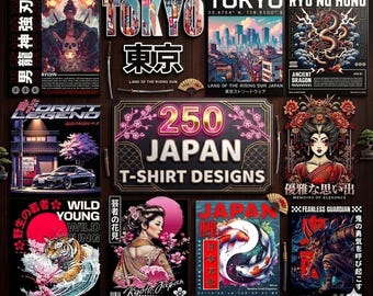Paquete de más de 250 imágenes PNG de diseños de camisetas japonesas / Samuráis, peces koi, geishas, sumo, katanas / Imágenes prediseñadas de ropa urbana de la cultura japonesa para impresión bajo demanda