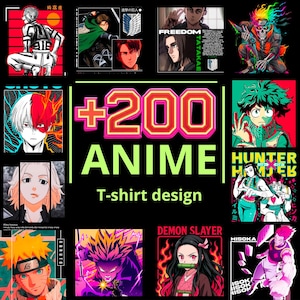 Puede incluir: Una colecci&oacute;n de dise&ntilde;os de camisetas con tem&aacute;tica de anime. La imagen presenta varias ilustraciones de personajes, incluyendo los de "Ataque a los Titanes", "Demon Slayer" y "Naruto". El texto "+200 ANIME T-shirt design" se muestra de forma destacada.