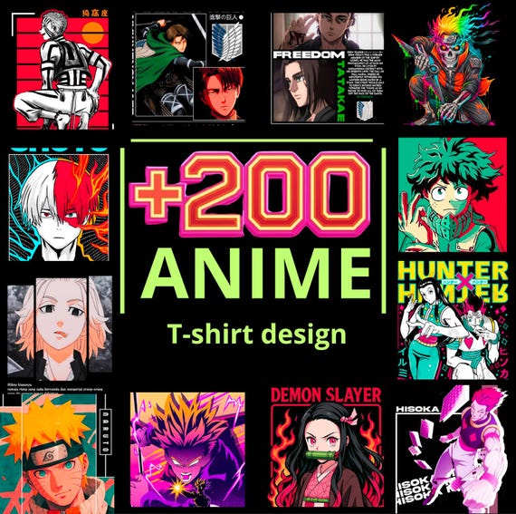 Anime Design Bundle, Anime PNG for T-Shirts, Anime Logo Mega Pack, +200 Streetwear Graphics, Digital Assets for POD, High Resolution 300 DPI