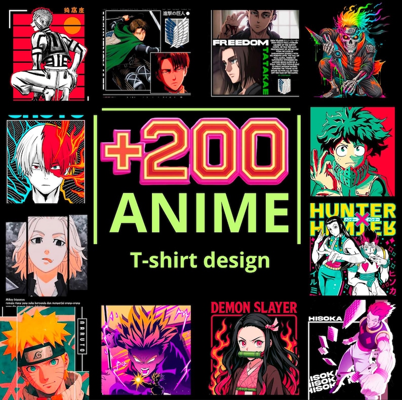 Puede incluir: Una colecci&oacute;n de dise&ntilde;os de camisetas con tem&aacute;tica de anime. La imagen presenta varias ilustraciones de personajes, incluyendo los de "Ataque a los Titanes", "Demon Slayer" y "Naruto". El texto "+200 ANIME T-shirt design" se muestra de forma destacada.