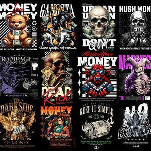 May include: A collection of graphic designs on a black background. The designs feature illustrations of a teddy bear, a skull, a bull, a jester, and an angel, along with text such as "Money," "Gangsta," and "Dead Rich."