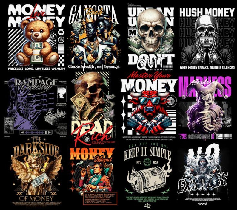 May include: A collection of graphic designs on a black background. The designs feature illustrations of a teddy bear, a skull, a bull, a jester, and an angel, along with text such as "Money," "Gangsta," and "Dead Rich."