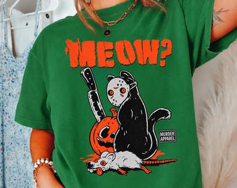 Halloween Cat Shirt, Horror Jason Meow Pumpkin Graphic Tee, Spooky Unisex Shirt