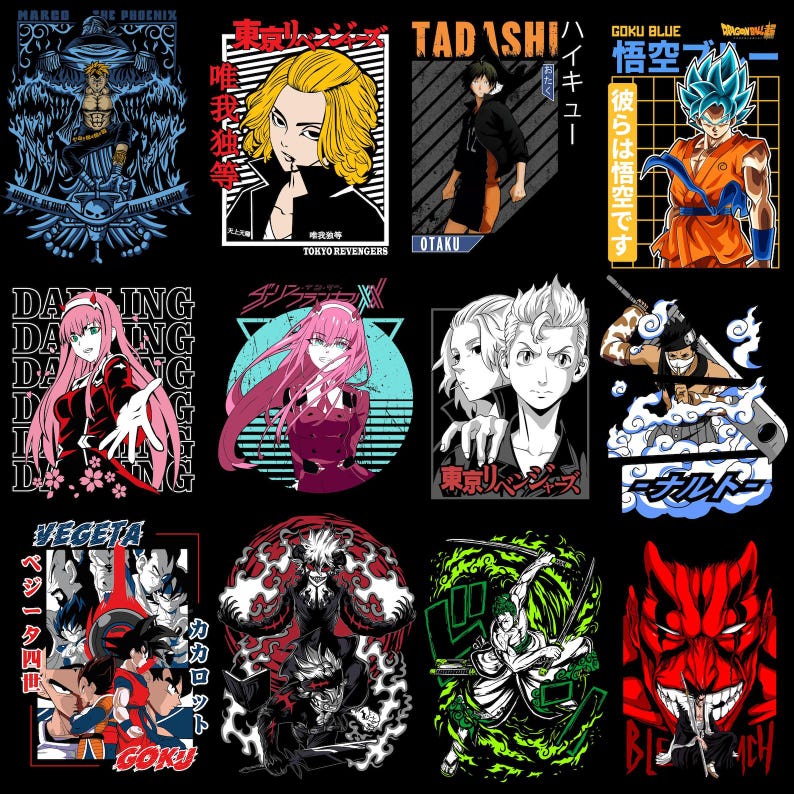 Puede incluir: Una colecci&oacute;n de dise&ntilde;os gr&aacute;ficos con tem&aacute;tica de anime sobre un fondo negro. Los dise&ntilde;os presentan personajes de series de anime populares, con colores llamativos y obras de arte estilizadas. Los elementos de texto incluyen caracteres japoneses y frases en ingl&eacute;s.