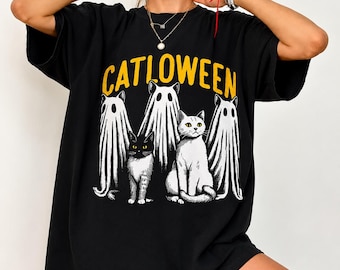 Catloween Shirt, Halloween Cat Ghost T-Shirt, Funny Spooky Cat Lover Tee, Cute Black Cat Halloween Shirt, Unisex Fall Graphic Tee